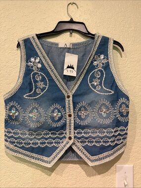Embroidered Blue Denim Vest with Sequin Accents